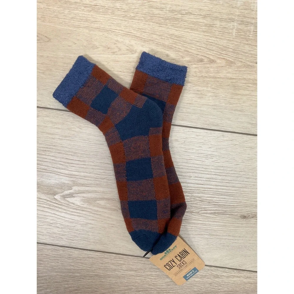 Northeast Outfitters Mens L (8-12.5) Cozy Cabin Buff Check Crew Socks Blue Brown